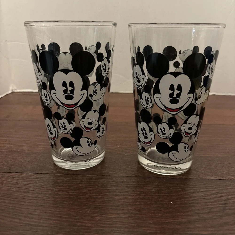 Set Of 2 Disney Mickey Mouse All Over Glass 16 oz Fun Faces Glassware‎